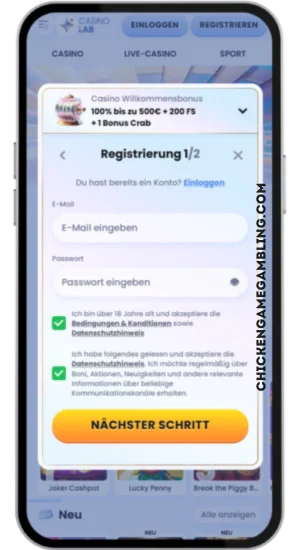 Registrierungsformular im Casino